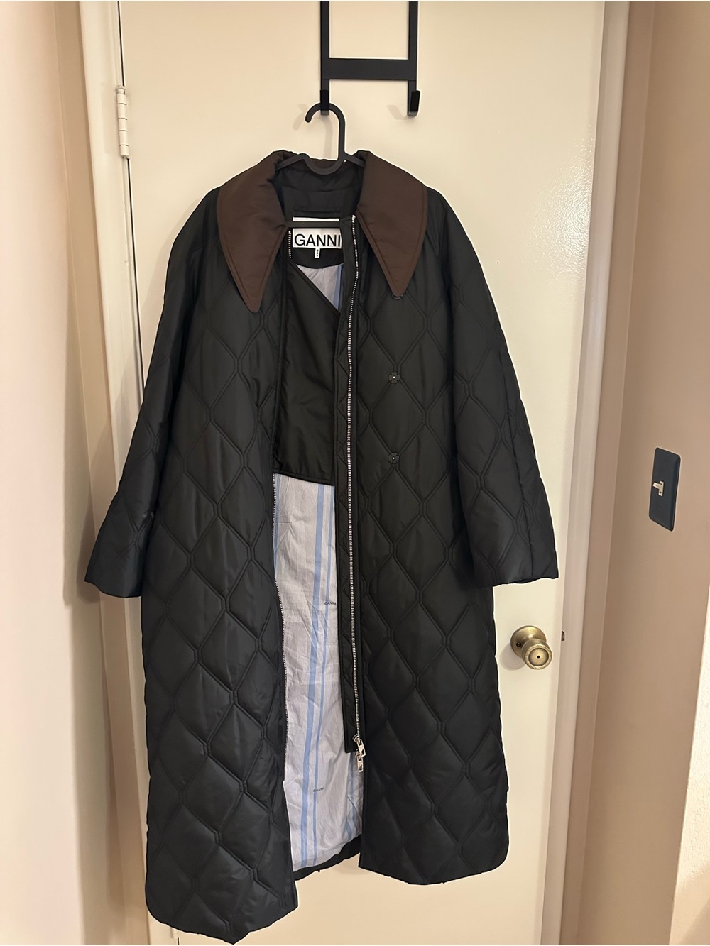 Ganni Black Quilted Long Puffer Coat with Brown Collar